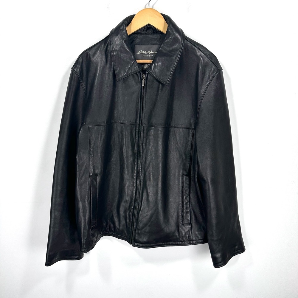 Eddie Bauer Leather Jacket Mens Large Black Lambskin Full Zip Classic Minimalist